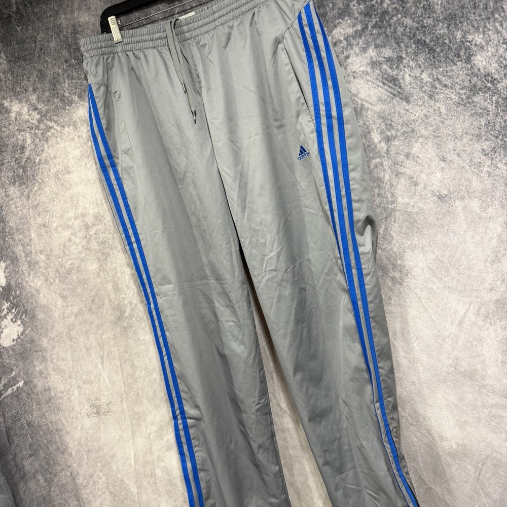 Adidas Track Pants Men’s L Gray Blue Striped Windbreaker Climalite Zipper Cuffs